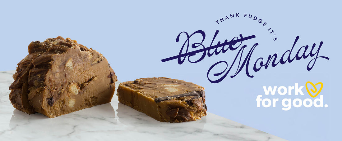 Blue Monday banner showing Millionaire's Shortbread Fudge slices with the "work for good" fundraising logo.