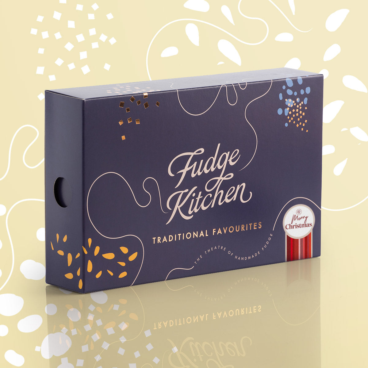 Fudge Kitchen Traditional Favourites Fudge Selection of traditional butter fudge is presented as a thoughtful gift and a special treat for fudge lovers, featuring a Happy Christmas seal. Elegantly packaged for gifting or indulgence.