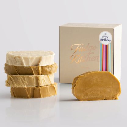 Fudge Kitchen Caramel and Cream Fudge Selection presented in a buff gift box and Happy Birthday decorative seal