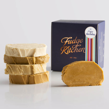 Fudge Kitchen Caramel and Cream Fudge Selection presented in an indigo gift box and Happy Birthday decorative seal