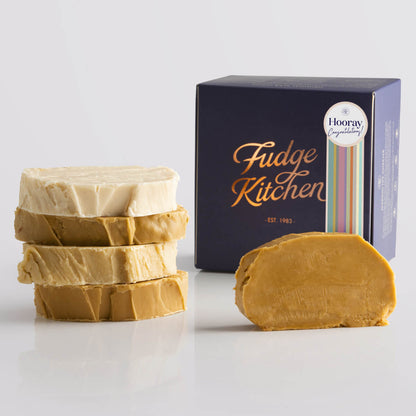 Fudge Kitchen Caramel and Cream Fudge Selection presented in an indigo gift box and Congratulations decorative seal