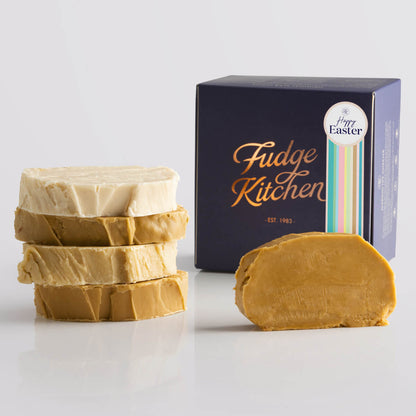 Fudge Kitchen Caramel and Cream Fudge Selection presented in an indigo gift box and Happy Easter decorative seal