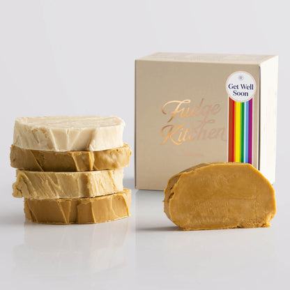 Fudge Kitchen Caramel and Cream Fudge Selection presented in a buff gift box and Get Well Soon decorative seal