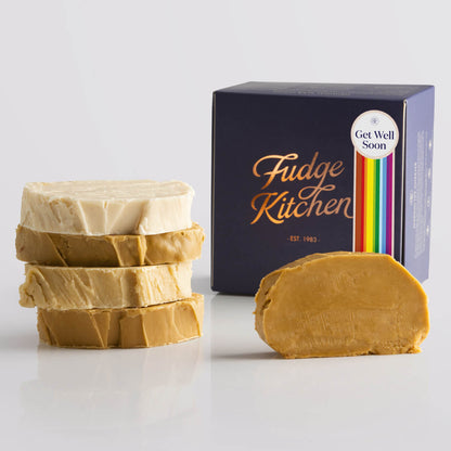 Fudge Kitchen Caramel and Cream Fudge Selection presented in an indigo gift box and Get Well Soon decorative seal