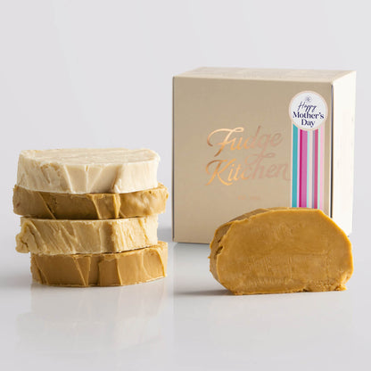 Fudge Kitchen Caramel and Cream Fudge Selection presented in a buff gift box and Happy Mother's Day decorative seal