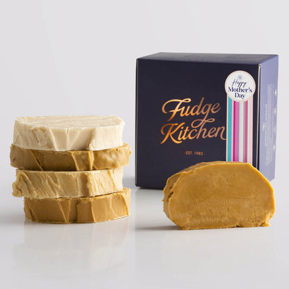 Fudge Kitchen Caramel and Cream Fudge Selection presented in an indigo gift box and Happy Mother's Day decorative seal