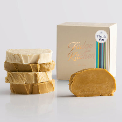 Fudge Kitchen Caramel and Cream Fudge Selection presented in a buff gift box and Thank You decorative seal