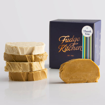 Fudge Kitchen Caramel and Cream Fudge Selection presented in an indigo gift box and Thank You decorative seal