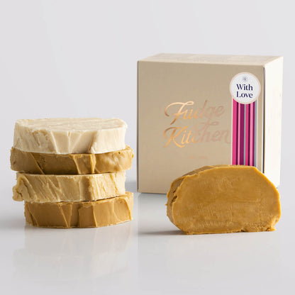 Fudge Kitchen Caramel and Cream Fudge Selection presented in a buff gift box and With Love decorative seal