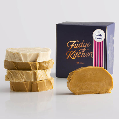 Fudge Kitchen Caramel and Cream Fudge Selection presented in an indigo gift box and With Love decorative seal