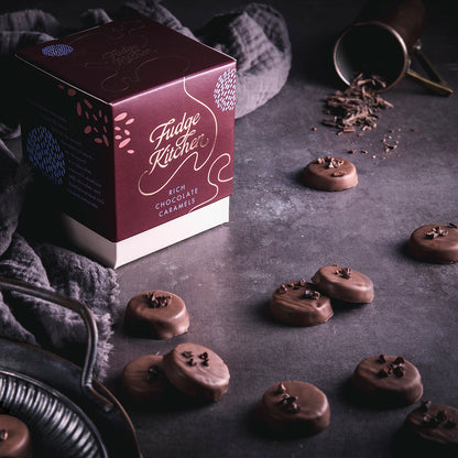 Chocolate Caramels Box with Chocolate Caramels Photo on Table