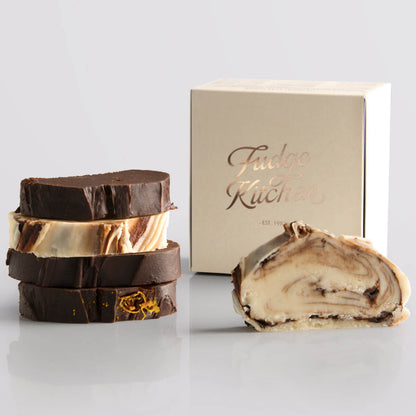 Chocolate fudge selection with a gilded gift box in buff - Fudge Kitchen fresh fudge selection.