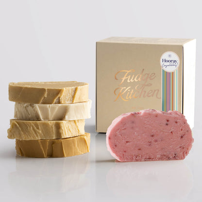 Toffee fudge and fruit fudge selection presented in a buff gift box and Congratulations decorative seal.