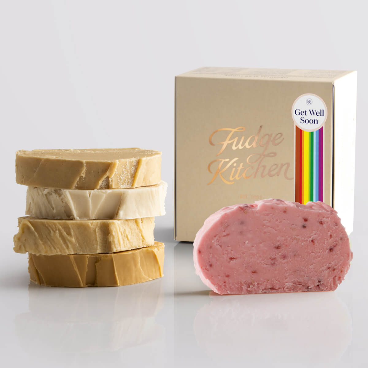 Toffee fudge and fruit fudge selection presented in a buff gift box and Get Well Soon decorative seal.