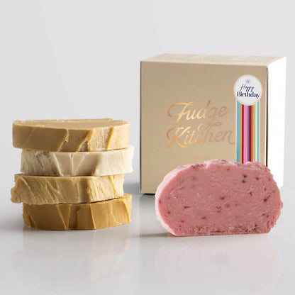 Toffee fudge and fruit fudge selection presented in a buff gift box and Happy Birthday decorative seal.