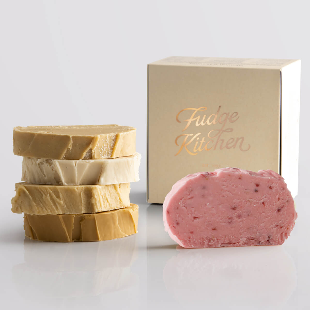 Caramel fudge and fruit fudge selection with a gilded gift box in buff - Fudge Kitchen fresh fudge selection.