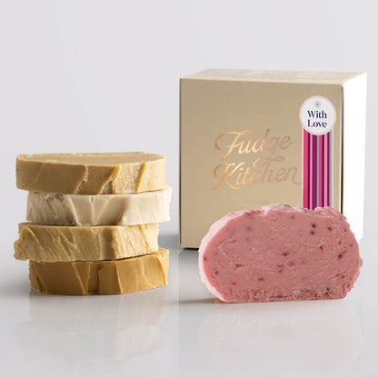 Toffee fudge and fruit fudge selection presented in a buff gift box and With Love decorative seal.