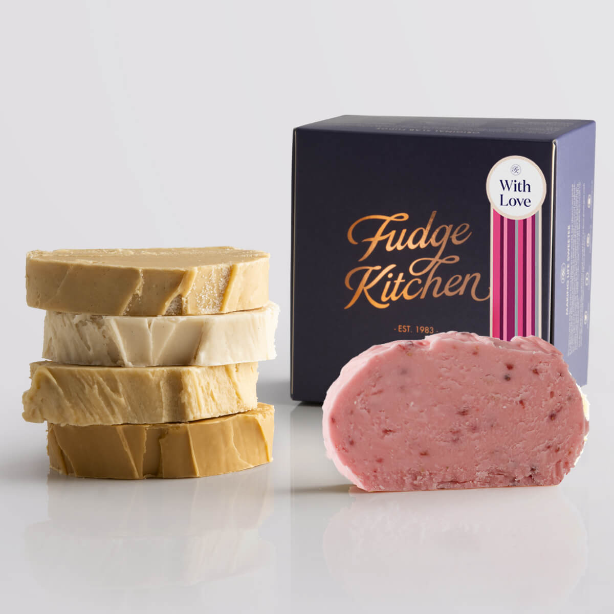 Toffee fudge and fruit fudge selection presented in an indigo gift box and With Love decorative seal.