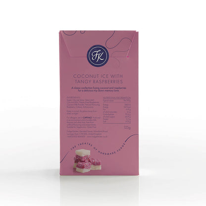 Close-up of Raspberry Coconut Ice back of pack, showcasing ingredient listing and nutritional details for wholesale customers.