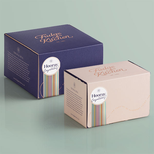 Celebratory buff 3-slice box and striking indigo 5-slice box, adorned with a classy 'Congratulations' seal for special achievements.