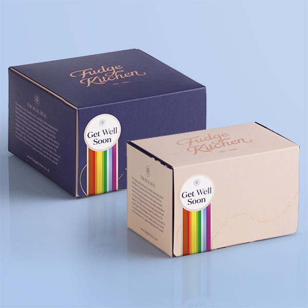 Compact buff 3-slice gift box and spacious indigo 5-slice box with a thoughtful 'Get Well Soon' seal, designed to brighten someone’s day.