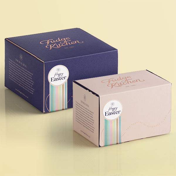 Elegant buff 3-slice box and deep indigo 5-slice box featuring a cheerful 'Happy Easter' celebration seal, ideal for springtime celebrations.