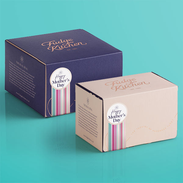 Delicately designed 3-slice buff box and sophisticated 5-slice indigo box, each with a graceful 'Happy Mother’s Day' seal for the perfect gift.