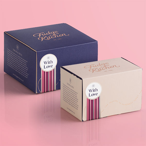 Timeless buff 3-slice and chic indigo 5-slice fudge gift boxes, featuring an elegant 'With Love' seal for heartfelt gifting.