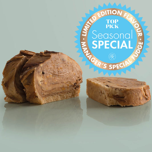 Vegan Peanut Butter Chocolate Swirl Special, a Fudge Kitchen indulgent, handmade fresh vegan fudge flavour.