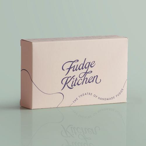 Fudge Kitchen elegant gift box displaying front view for the indulgent, handmade fudge flavour Vegan Fudge Traditional Toffee Fudge