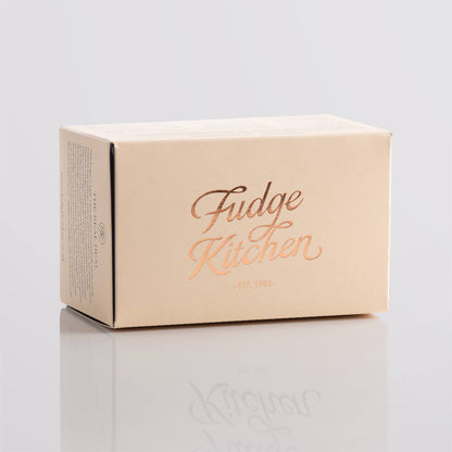 Elegant buff-coloured gift box with gilded accents, perfect for 3 slices of Fudge Kitchen handmade fudge.