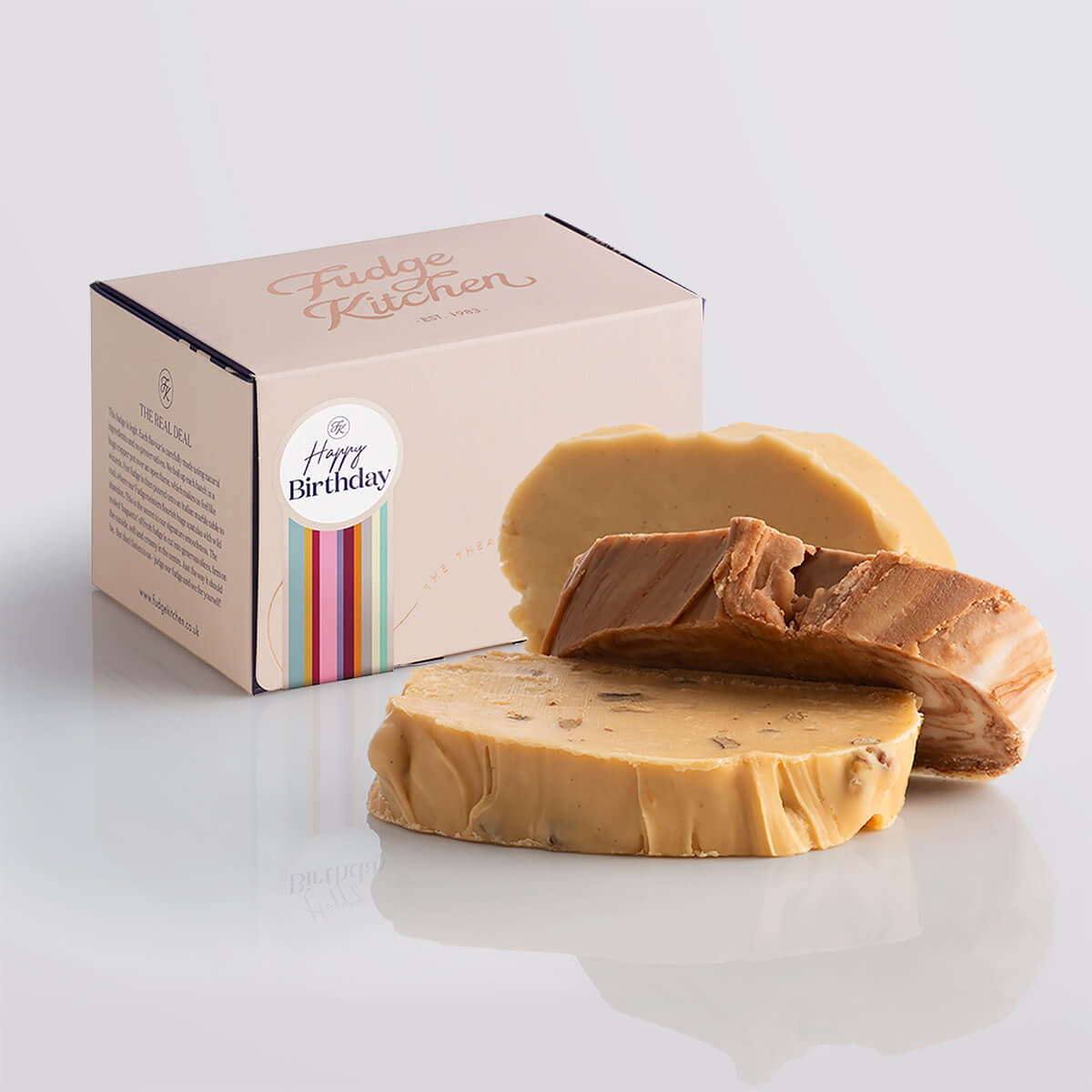 Classic fudge trio presented in an elegant buff-coloured gift box with gilded accents and a Happy Birthday box seal.