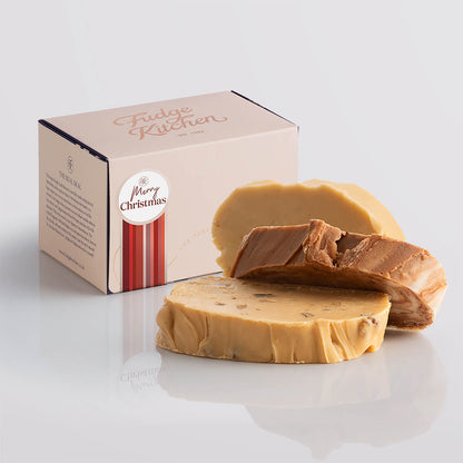 Classic fudge trio presented in an elegant buff-coloured gift box with gilded accents and a Merry Christmas box seal.