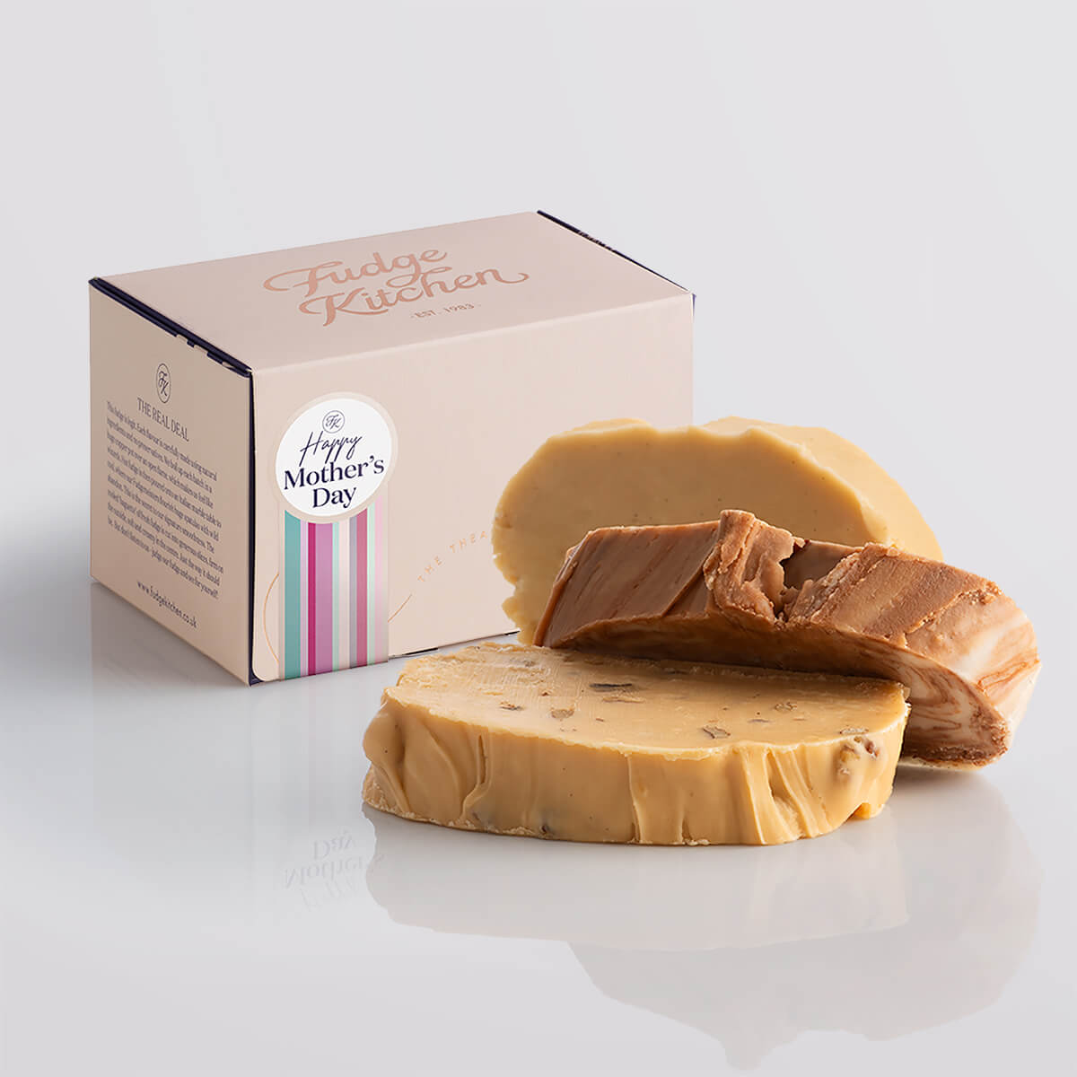 Classic fudge trio presented in an elegant buff-coloured gift box with gilded accents and a Happy Mother's Day box seal.