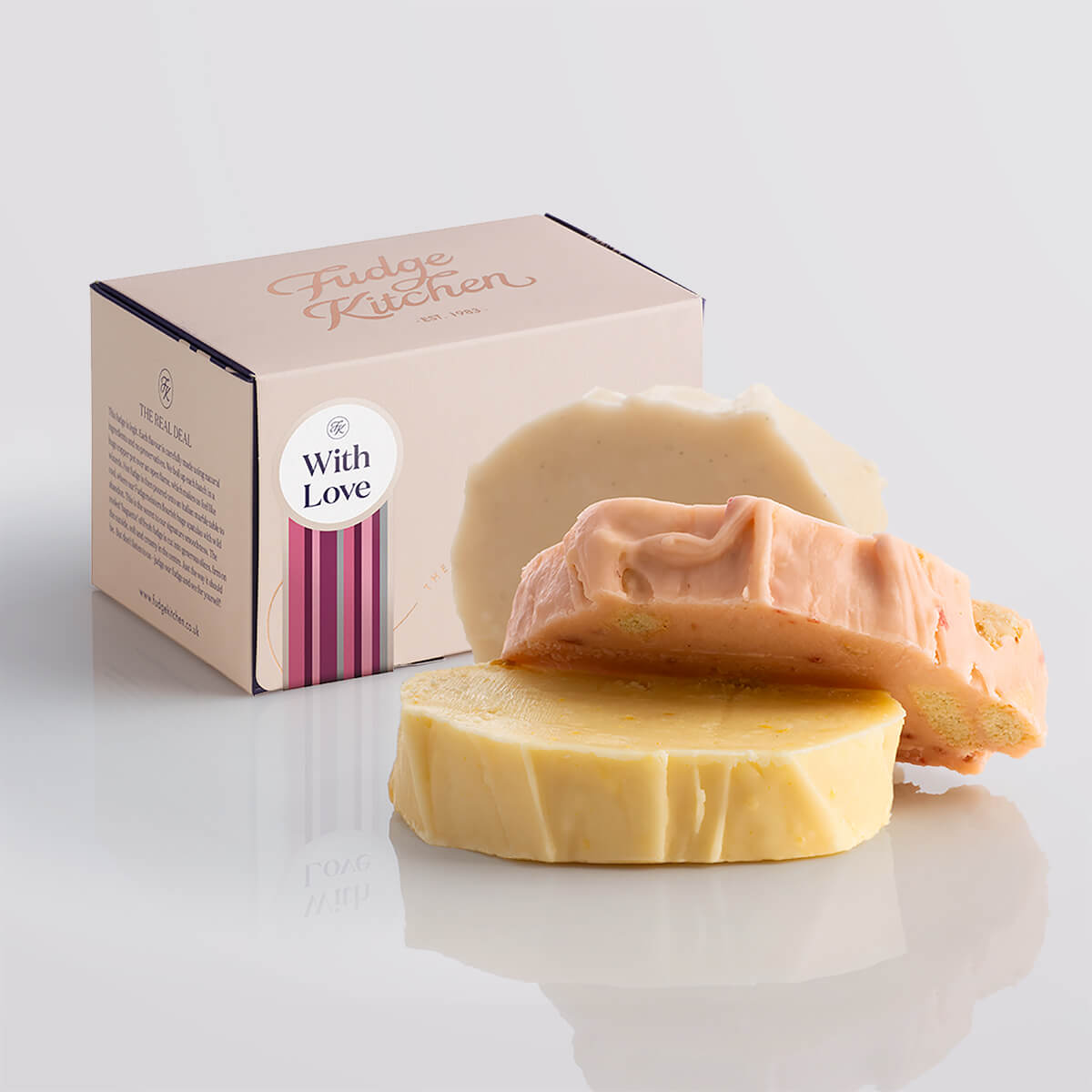 Fruity fudge trio elegantly packaged in a buff-coloured gift box with gilded accents and a 'With Love' box seal.