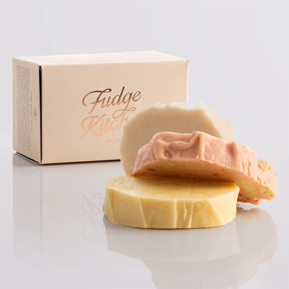 Fruity fudge trio elegantly packaged in a buff-coloured gift box with gilded accents