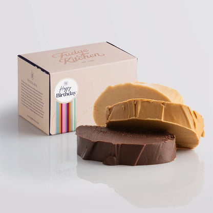 Nut-free fudge trio packaged in a buff-coloured gift box with gilded accents and a 'Happy Birthday' box seal.