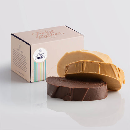 Nut-free fudge trio packaged in a buff-coloured gift box with gilded accents and a 'Happy Easter' box seal.