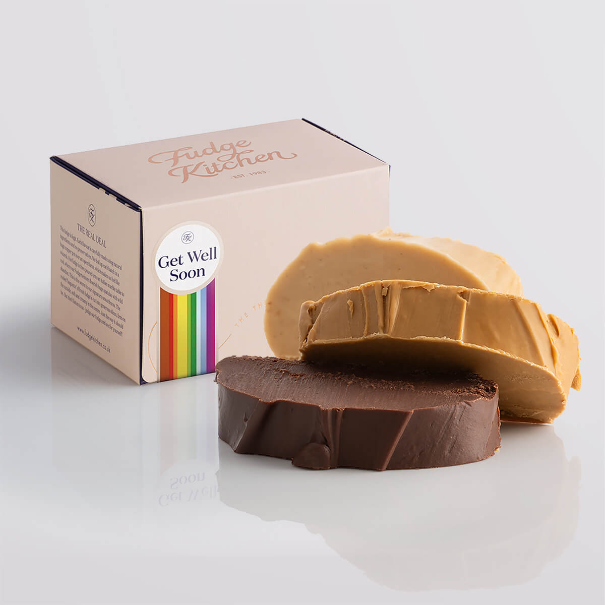 Nut-free fudge trio packaged in a buff-coloured gift box with gilded accents and a 'Get Well Soon' box seal.