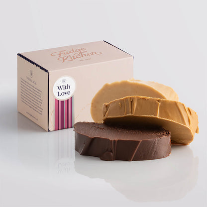 Nut-free fudge trio packaged in a buff-coloured gift box with gilded accents and a 'With Love' box seal.