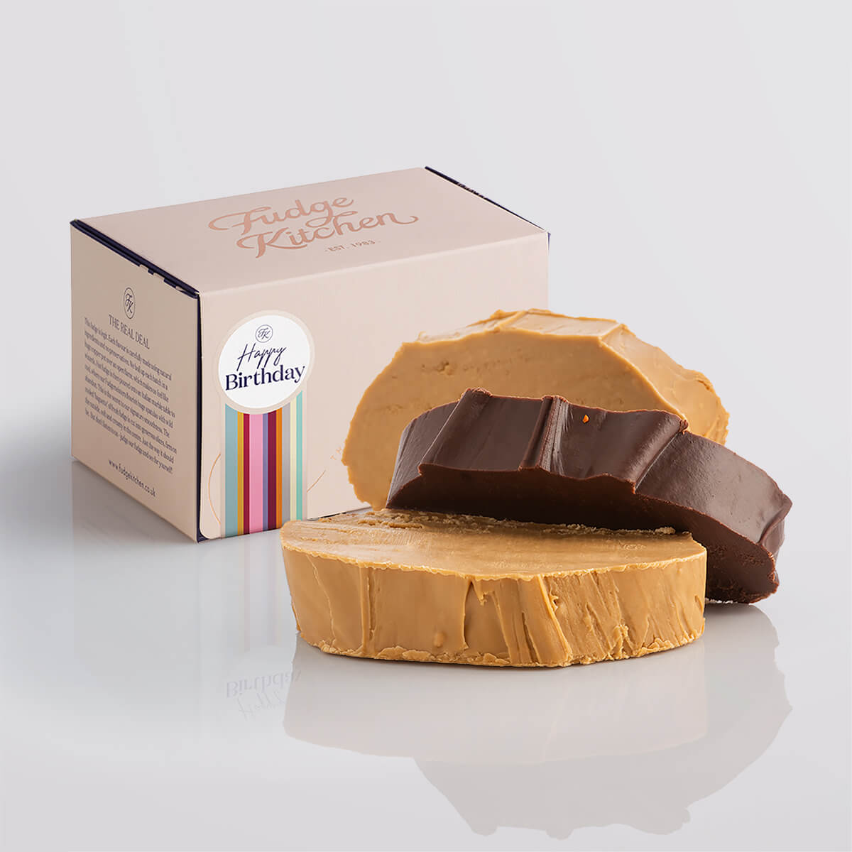 Vegan fudge trio elegantly displayed in a buff-coloured gift box with gilded accents with a 'Happy Birthday' box seal.