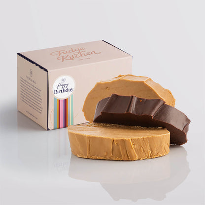 Vegan fudge trio elegantly displayed in a buff-coloured gift box with gilded accents with a 'Happy Birthday' box seal.