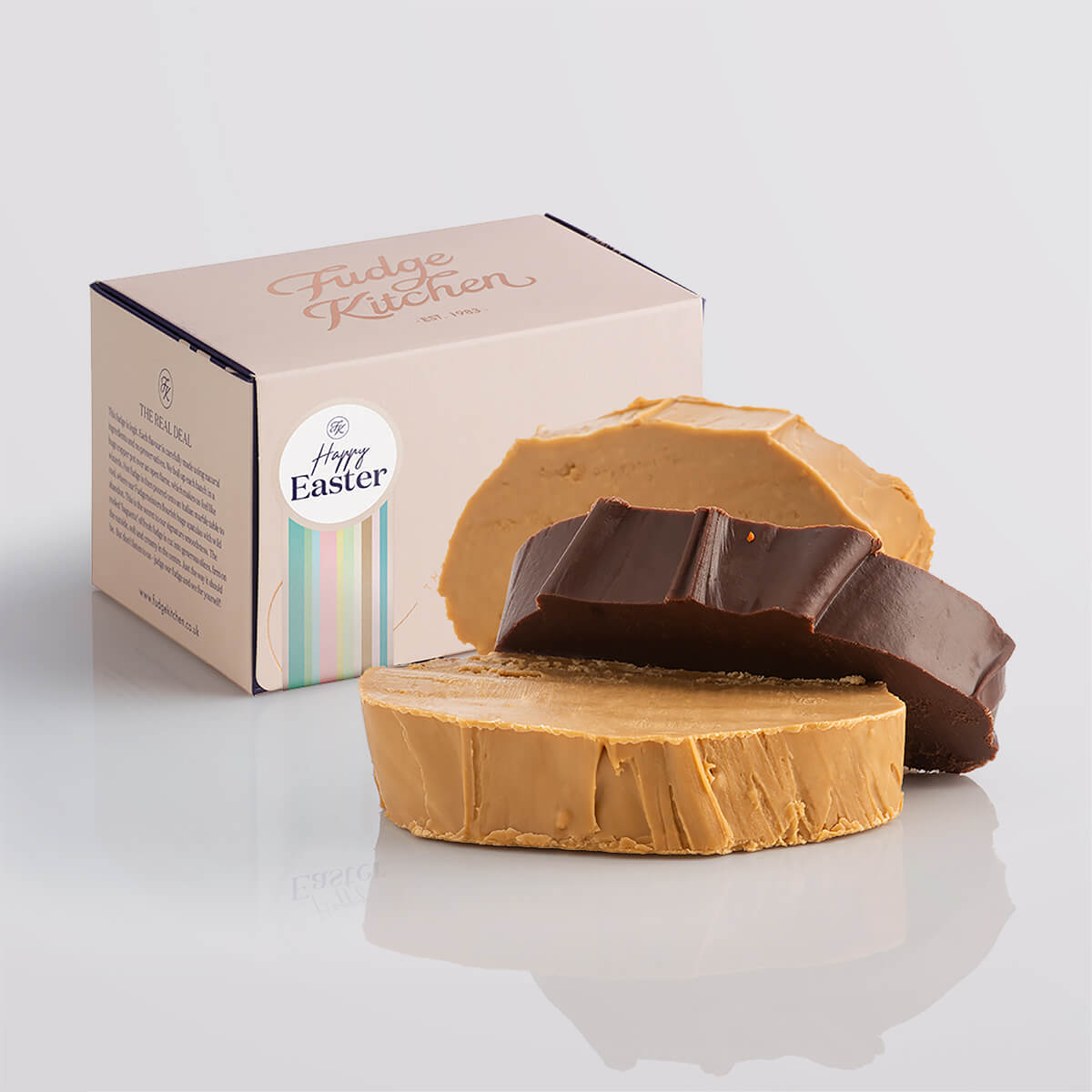 Vegan fudge trio elegantly displayed in a buff-coloured gift box with gilded accents with a 'Happy Easter' box seal.