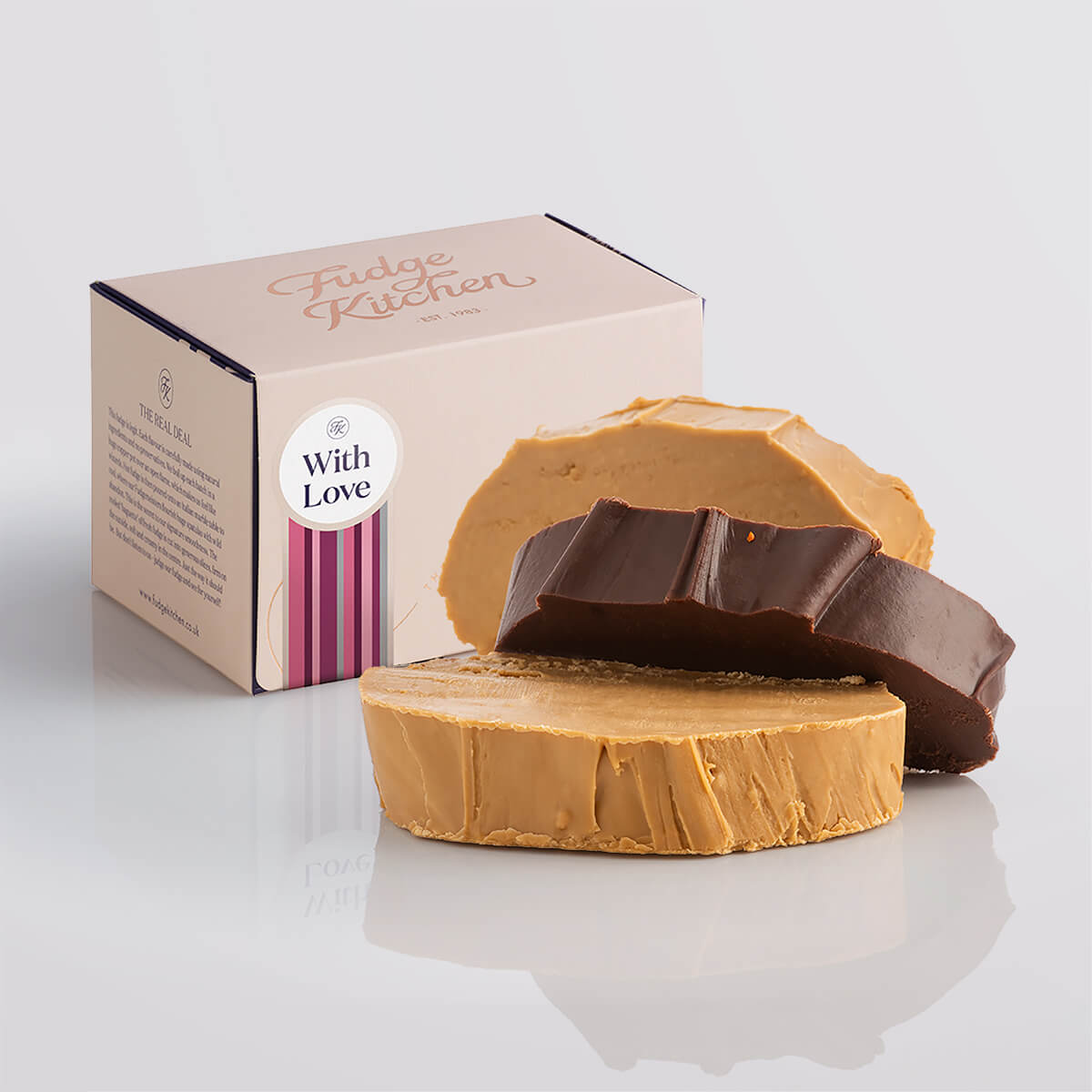 Vegan fudge trio elegantly displayed in a buff-coloured gift box with gilded accents with a 'With Love' box seal.