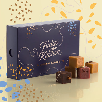 Traditional Favourites Fudge Selection by Fudge Kitchen, beautifully arranged 15-piece fudge box highlighting the rich colours and textures of each handcrafted fudge flavour.