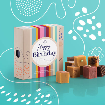 Fudge Kitchen Afternoon Tea Fudge Selection, elegantly presented in a box with nine delicious fudge pieces shown, with a Happy Birthday sleeve. Includes a variety of afternoon tea-inspired flavours, perfect for gifting or indulging.