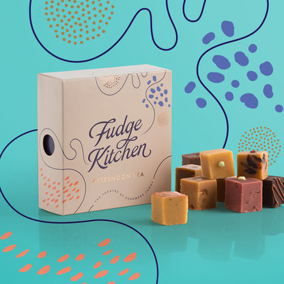 Fudge Kitchen Afternoon Tea Fudge Selection, elegantly presented in a box with nine delicious fudge pieces. Includes a variety of afternoon tea-inspired flavours, perfect for gifting or indulging.