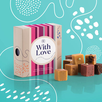 Fudge Kitchen Afternoon Tea Fudge Selection, elegantly presented in a box with nine delicious fudge pieces shown, with a With Love sleeve. Includes a variety of afternoon tea-inspired flavours, perfect for gifting or indulging.