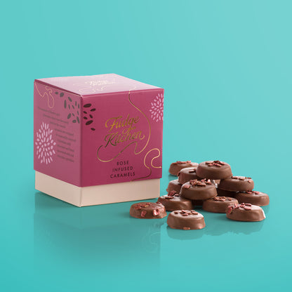 Rose Infused Caramels by Fudge Kitchen, featuring firm, handcrafted caramels infused with delicate rose flavour. A luxurious and floral treat perfect for gifting or indulging.