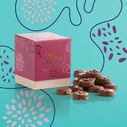 Rose Infused Caramels by Fudge Kitchen, showcasing handcrafted caramels with a subtle rose infusion. Ideal for gifting, or as a refined, aromatic indulgence.